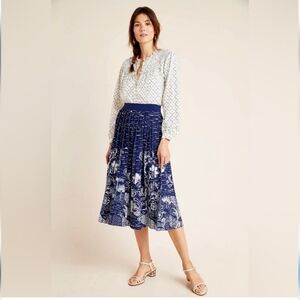 Anthropologie Navy and White Printed Midi Skirt